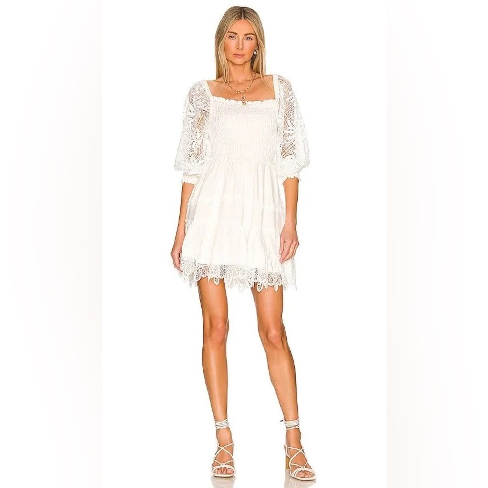 Waimari Ancora Off-the-Shoulder Floral Lace Trim Mini Dress Size Small in White